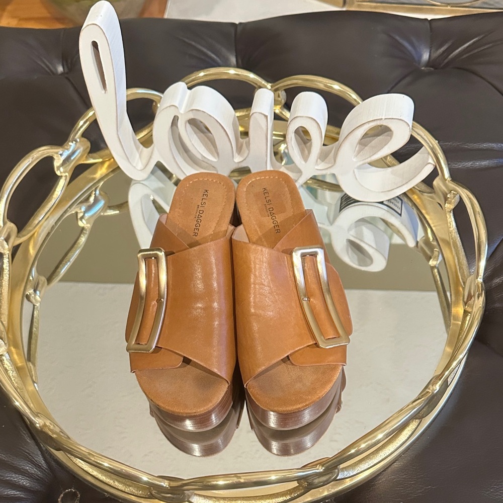 Kelsi Dagger Dover Brown Leather Mules with Gold Accent